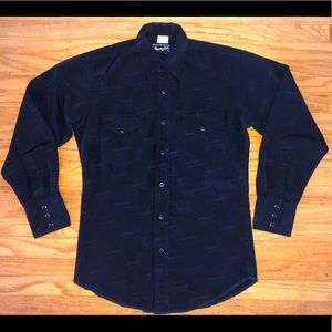 Wrangler Western Pearl Snap Shirt Black Cowboy All Over Monogram Sz S EUC.